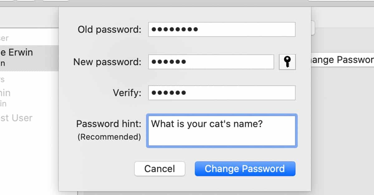 Mac OS change password box. Password hint field reads "What is your cat's name?"