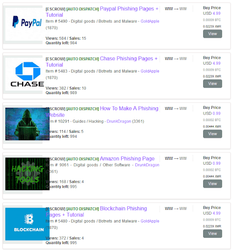 Screenshot of a darknet sales site, many phishing kits are available.