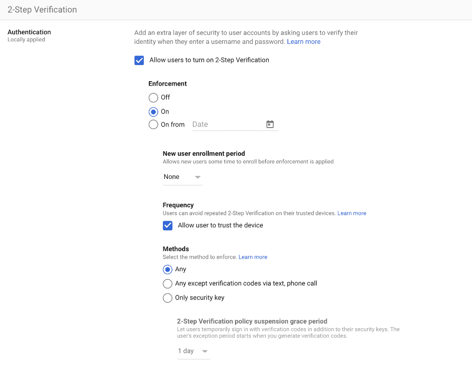 Google Workspace Two Factor Authentication Settings