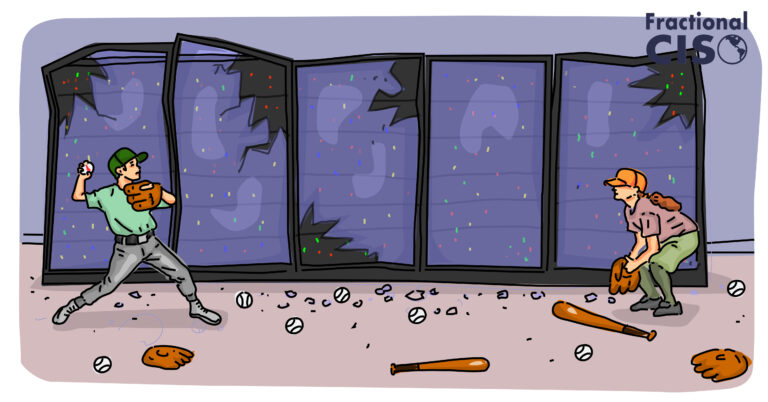 Two kids playing baseball in a damaged server room.